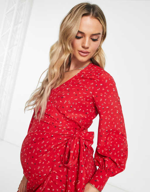 Red Midi Wrap Maternity Dress