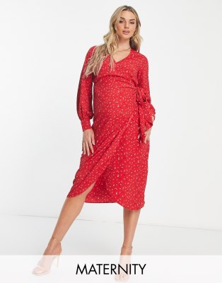 Glamorous Bloom - Glamorous maternity long sleeve fitted midi wrap dress in multi red print