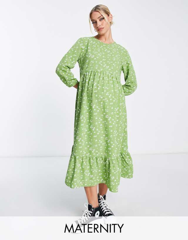 Glamorous Maternity long sleeve maxi smock dress in green and white floral