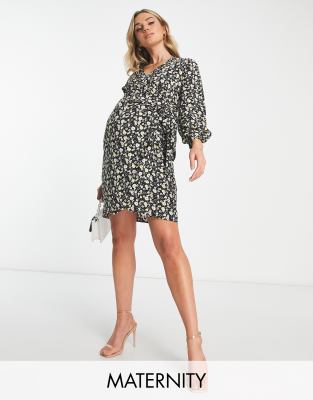 Glamorous Maternity long sleeve wrap dress with tie waist in bright ditsy-Black