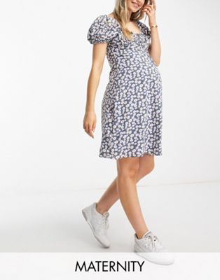 Glamorous Maternity milkmaid mini tea dress in blue daisy - ASOS Price Checker