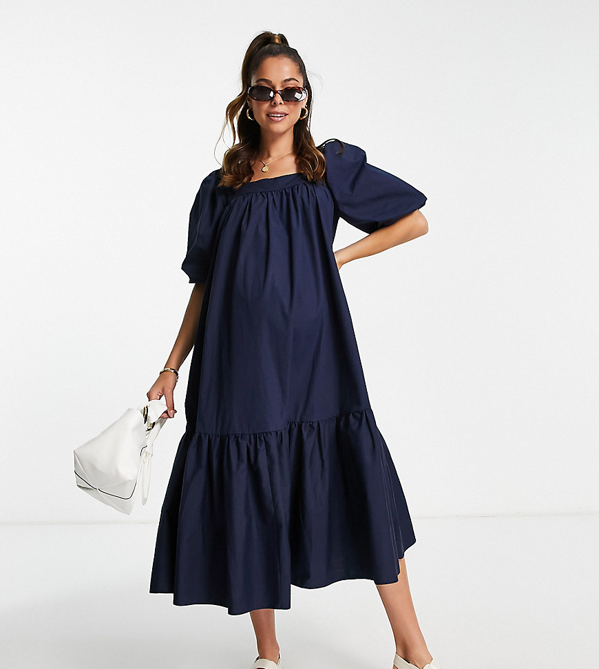 Glamorous Maternity oversized square neck midi dress with tiered hem in navy
