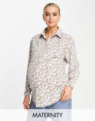 Glamorous Maternity relaxed boyfriend shirt in retro floral