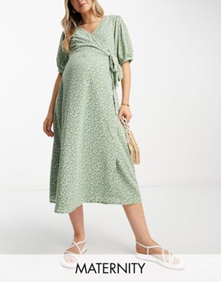 Glamorous Maternity short sleeve wrap midi dress in green ditsy floral