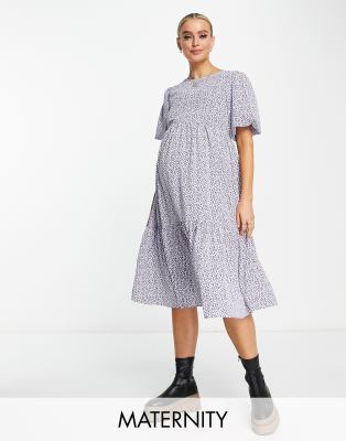 Glamorous Maternity tie back tiered midi smock dress in blue ditsy - ASOS Price Checker