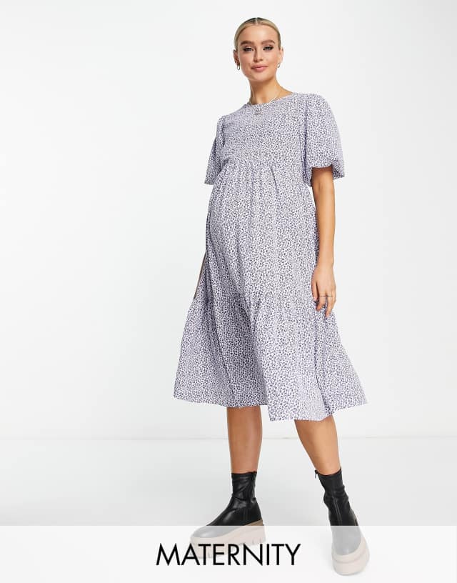 Glamorous Maternity tie back tiered midi smock dress in blue ditsy