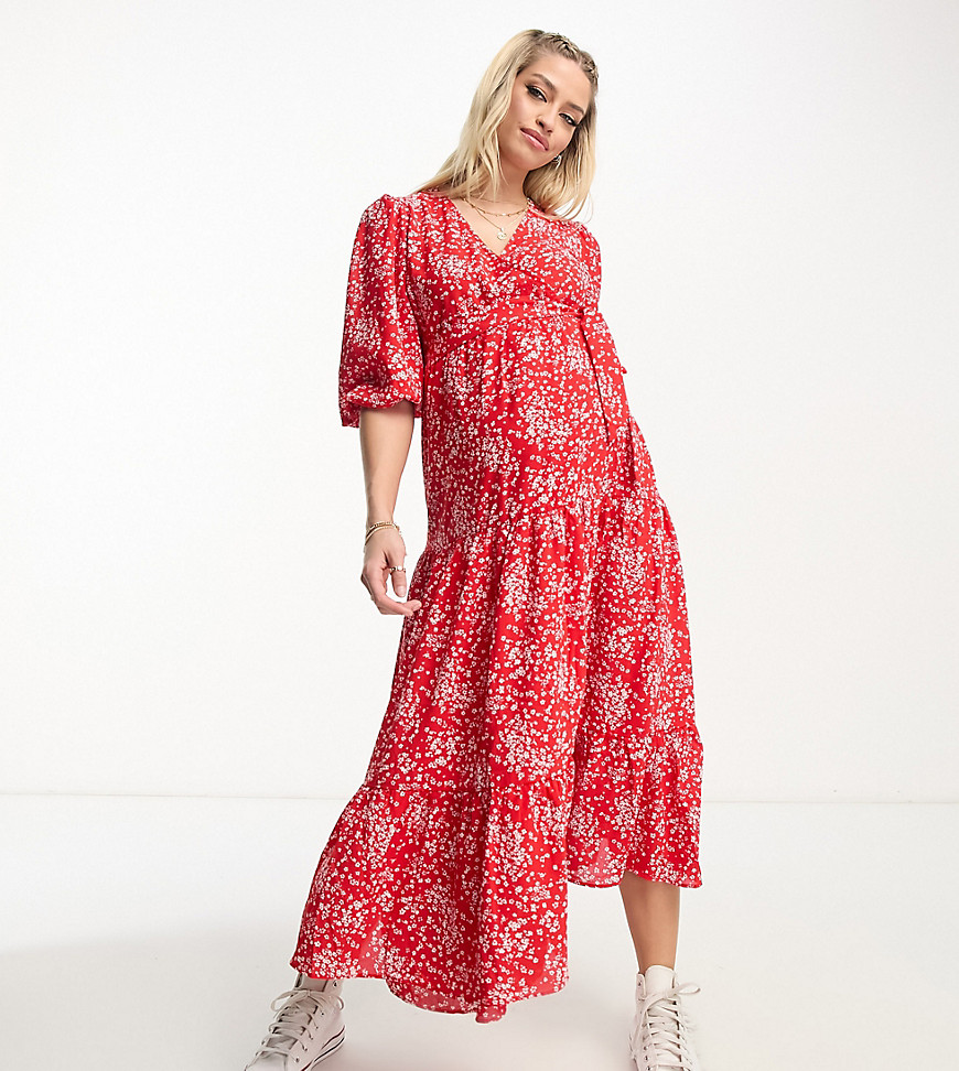 Glamorous Bloom Glamorous Maternity Tiered Maxi Wrap Dress In Red Micro Floral-multi