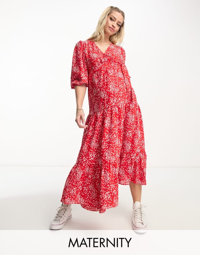 Glamorous Maternity tiered maxi wrap dress in red micro floral