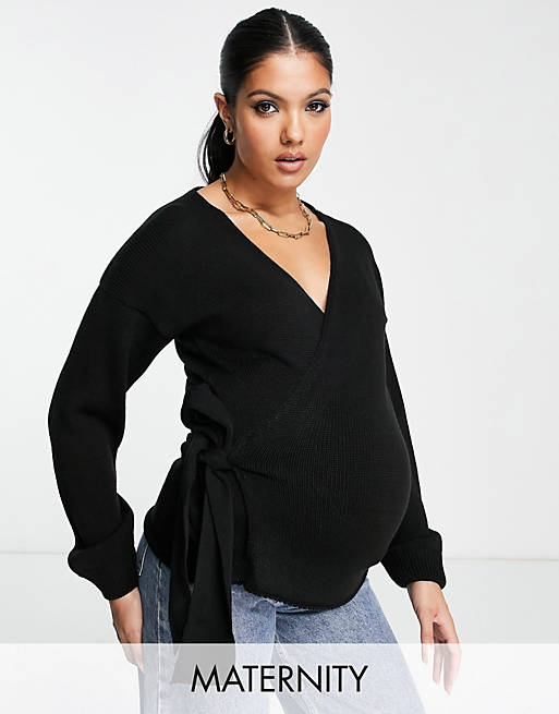 Glamorous Maternity wrap front chunky cardigan in black