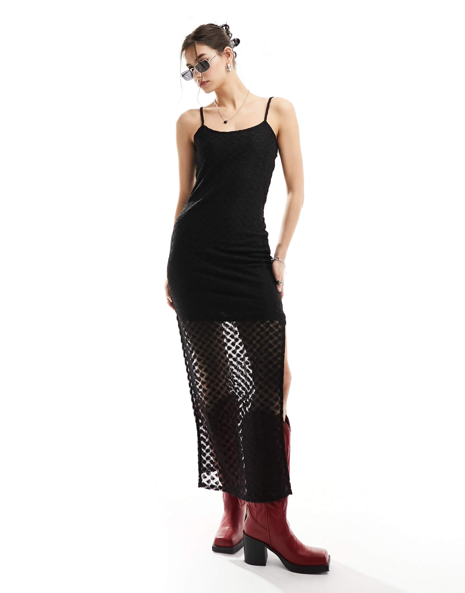 glamorous maxi cami dress in black crochet knit