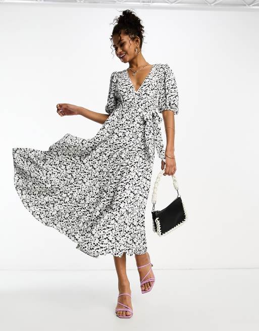 tarwe geest Triviaal Glamorous - Maxi-jurk met korte mouwen, gestrikte taille, overslag en fijne  print in zwart en wit | ASOS