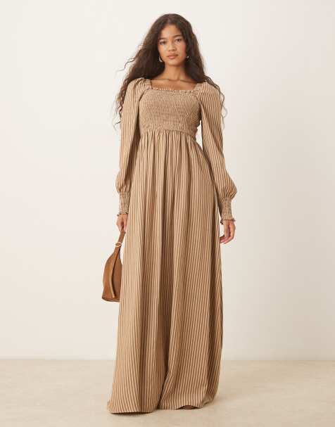 Glamorous - Maxi-jurk met pofmouwen, gesmokt lijfje en gemixte streep in bruin - view 1