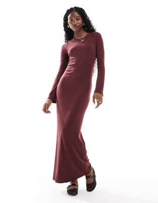 Glamorous maxi length pointelle knit dress in brown with tie back