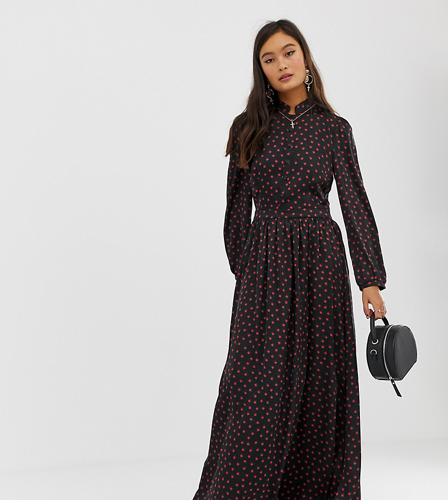 Glamorous Maxi Shirt Dress With Pleated Skirt In Ladybird Print Satin-black
