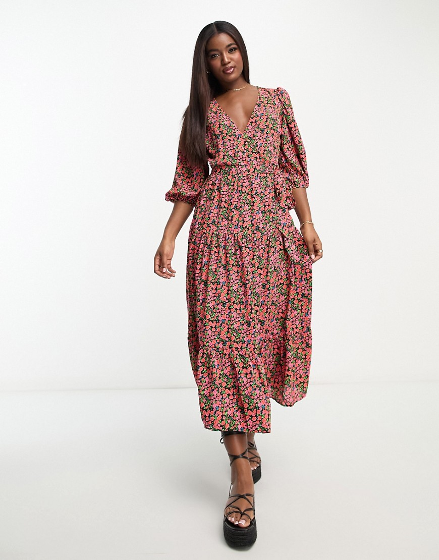 Glamorous maxi tiered wrap dress in rose floral-Multi