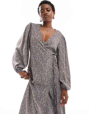 maxi wrap dress in brown blue floral-Multi