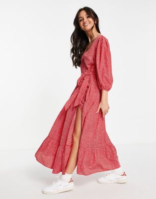 Glamorous maxi wrap dress with balloon sleeves in red ditsy