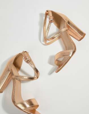 glamorous metallic cross strap block heel sandals in rose gold