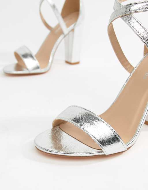 Glamorous metallic cross strap block heel sandals in silver