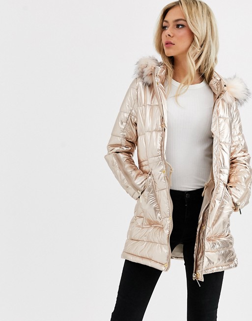 Glamorous metallic padded jacket with faux fur hood