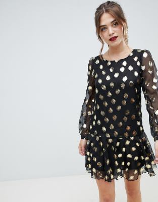 black dress with gold polka dots