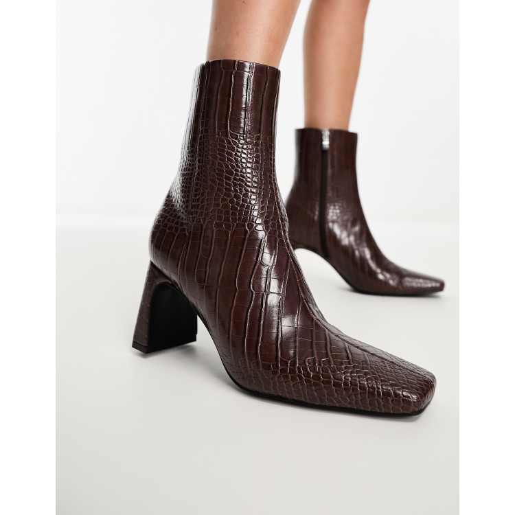 Glamorous mid heel ankle boots in brown croc