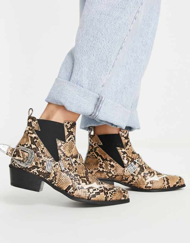 Glamorous mid heel ankle boots in snake print