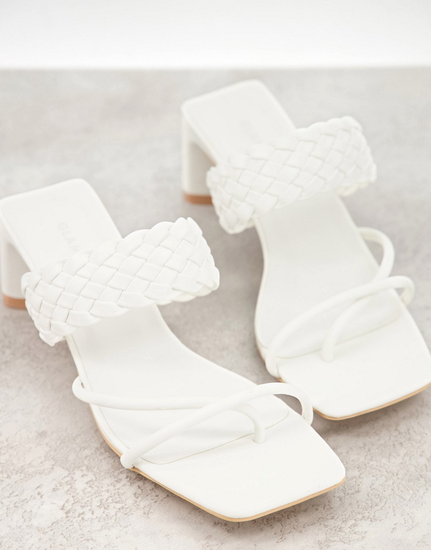 Glamorous mid heel sandals with woven detail in white