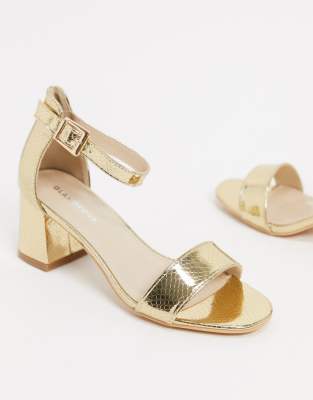 gold mid block heel sandals