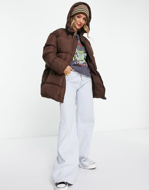 Glamorous mid length hooded puffer coat in brown