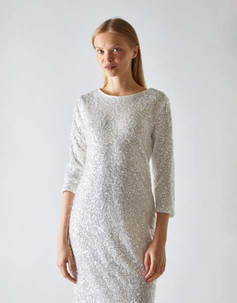 Glamorous Mid sleeve sequin midi dress in silver iridescent sequin - view 1