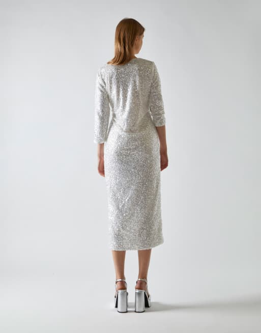 Glamorous Mid sleeve sequin midi dress in silver iridescent sequin | ASOS