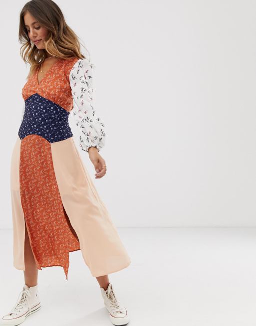 Glamorous midaxi dress with front splits in mix and match print, 4 of 4
