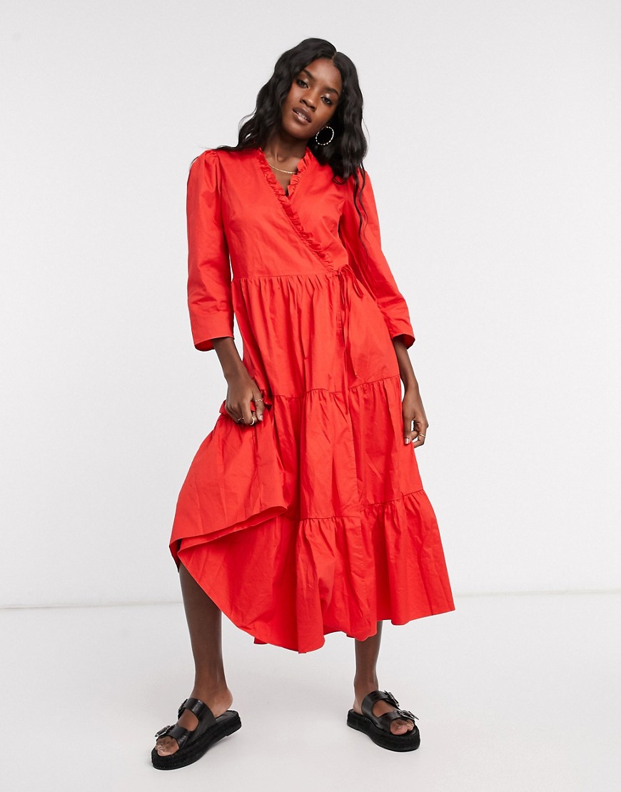 Glamorous Midaxi Dress With Ruffle Wrap Front And Tiered Skirt In Cotton In Red