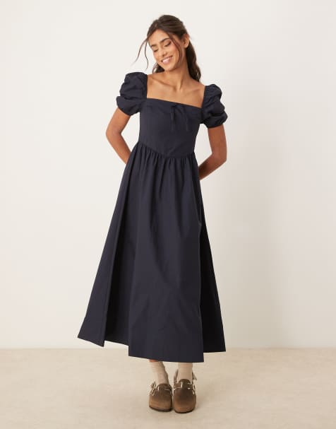 Glamorous - Midaxi jurk met vierkante hals en pofmouwen in marineblauw - view 1