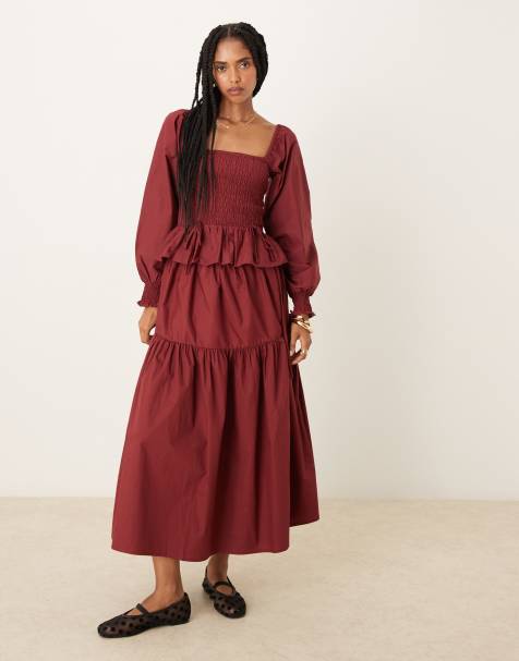 Glamorous midaxi poplin skirt with ties in burgundy co-ord - view 1