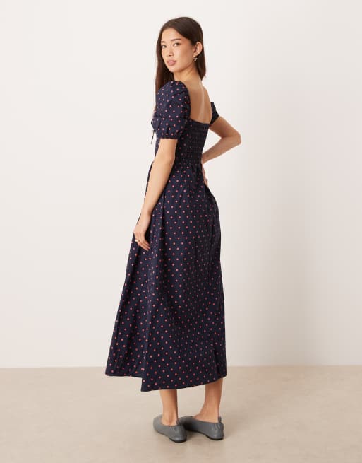 Glamorous – Midaxikleid in Marineblau mit eckigem Ausschnitt, Puffärmeln und rosa Polka Dots, 4 von 4