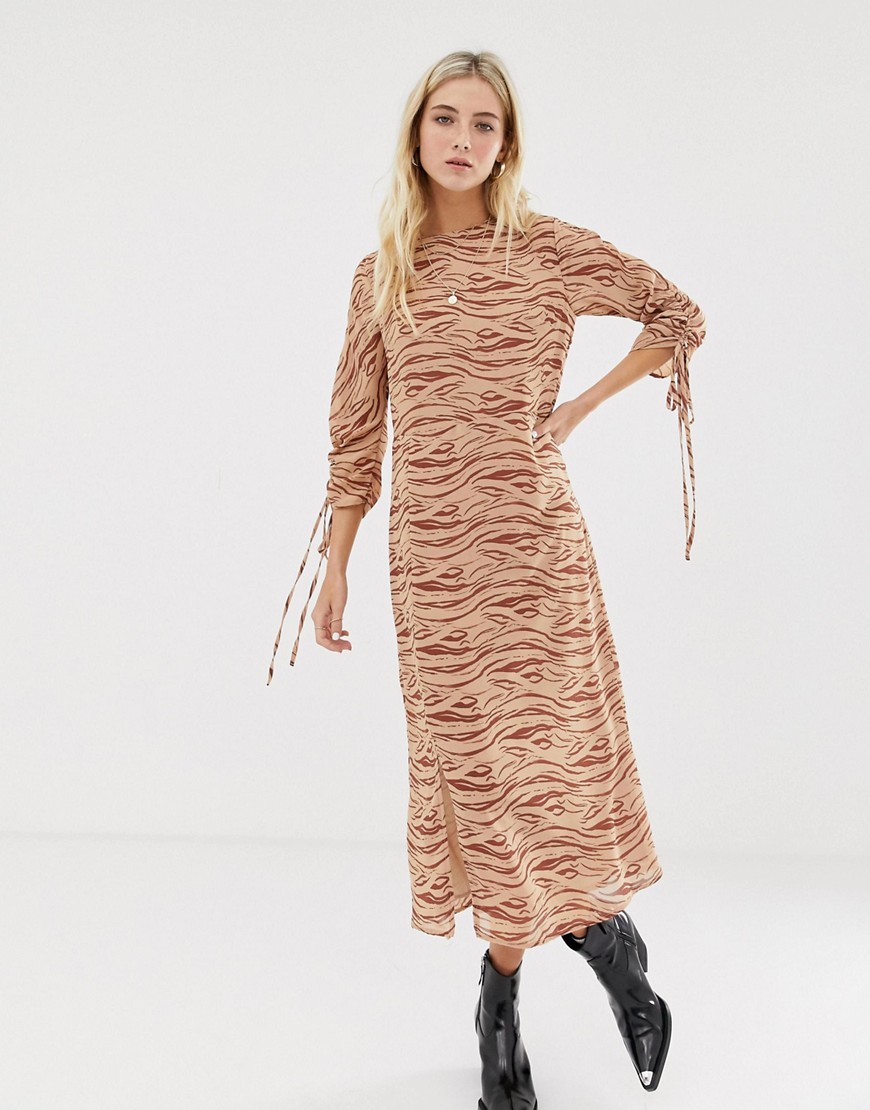Glamorous midi dress with front splits and ruched sleeves and in subtle zebra-Beige