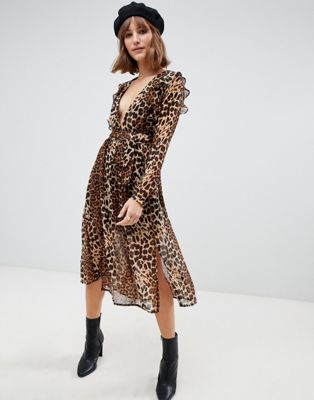 leopard print split midi dress