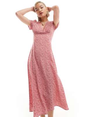 Glamorous – Midi-Freizeitkleid in Rosa mit V-Ausschnitt, Spitzenbesatz und Blümchenmuster