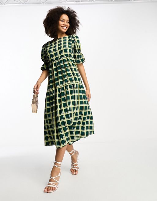 Glamorous - Midi-jurk met stroken, pofmouwen en strik achter in geruit groen
