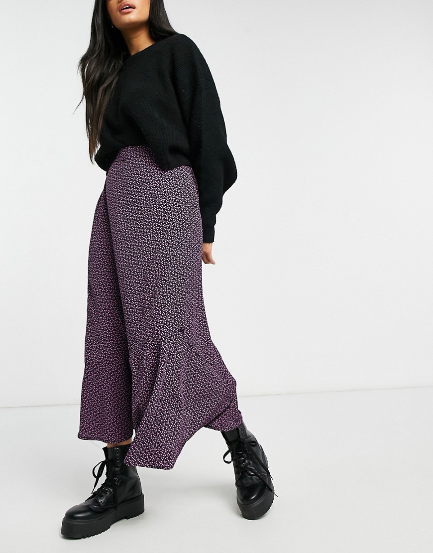 Glamorous Midi Satin Slip Skirt In Purple Micro Floral-black
