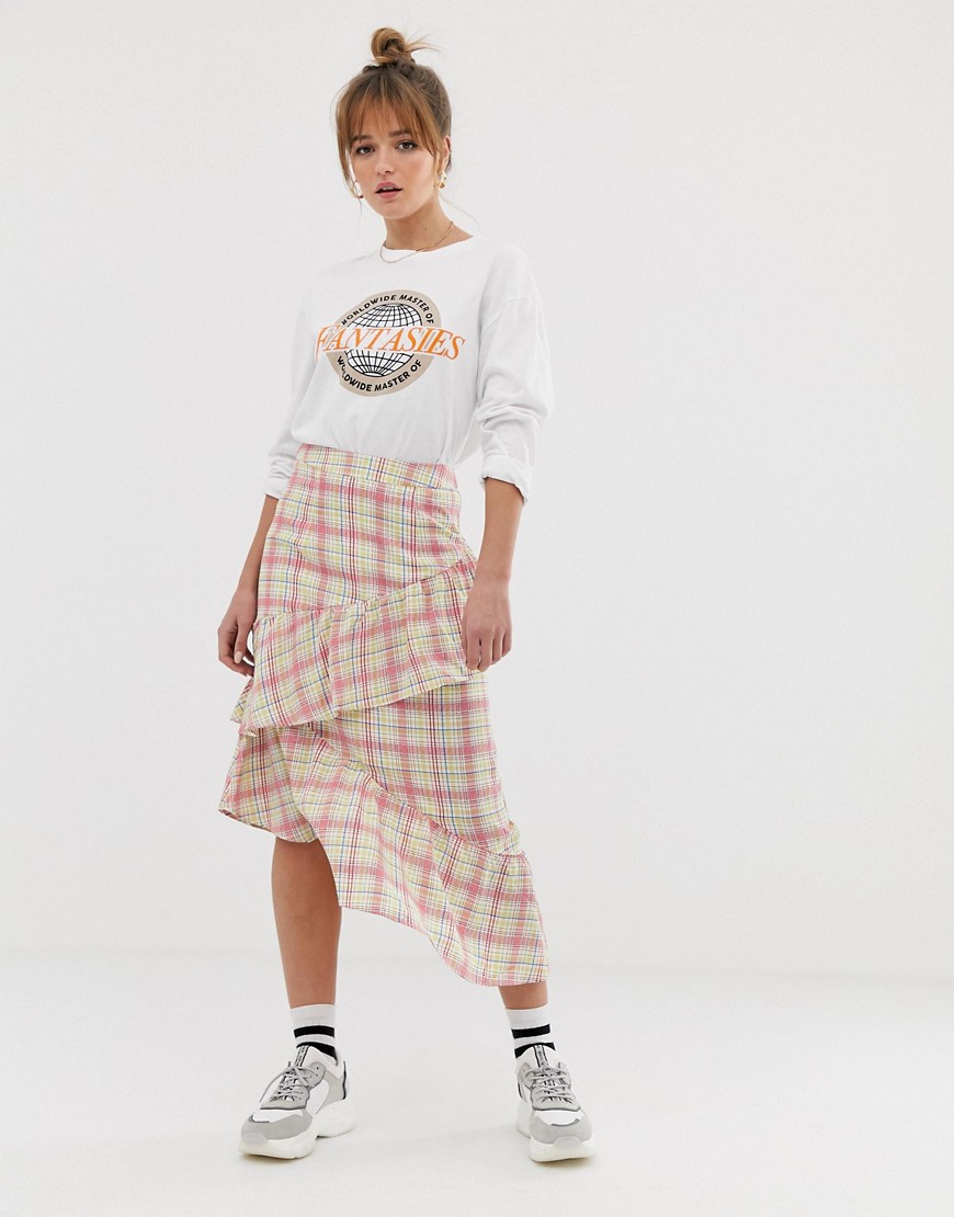 Glamorous Midi Skirt With Ruffle In Grid Check-white
