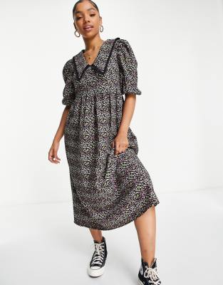 Glamorous midi smock dress with puff sleeves in floral mini cord and retro collar - ASOS Price Checker