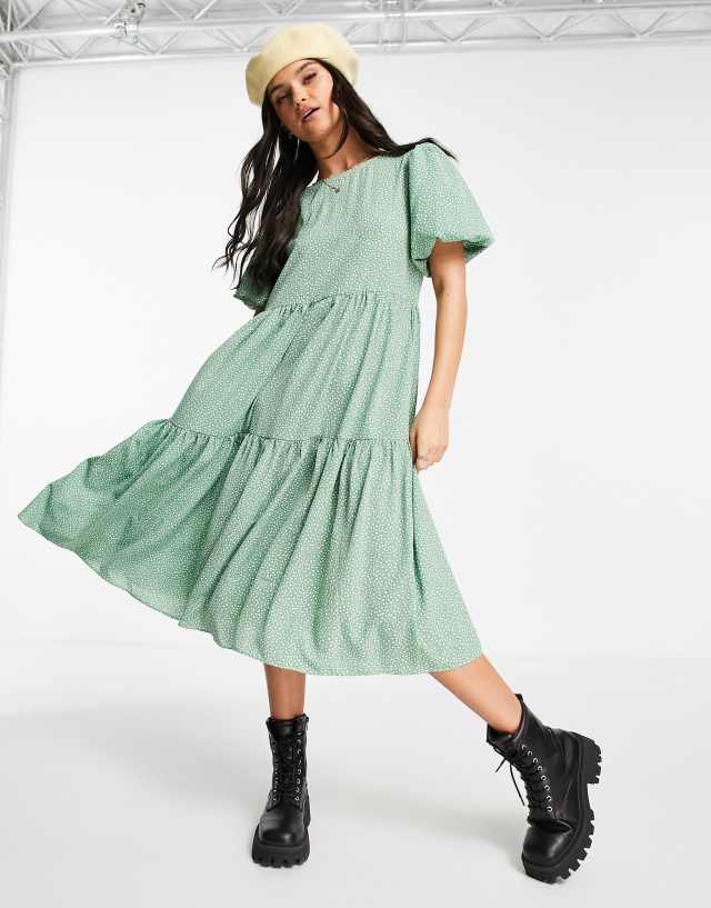 Glamorous midi smock dress with tie back in meadow ditsy