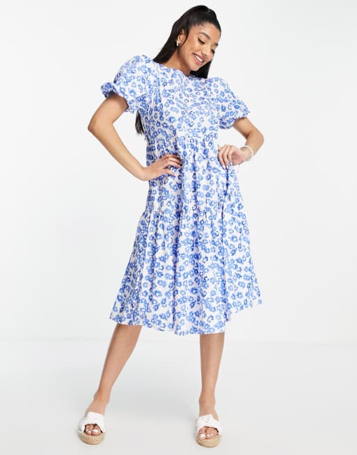 Glamorous - Midi smockjurk met stroken en bloemenprint in blauw