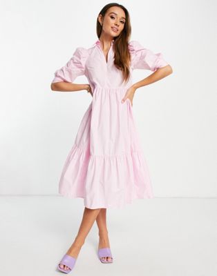 Glamorous midi tiered shirt dress in pastel pink - ASOS Price Checker
