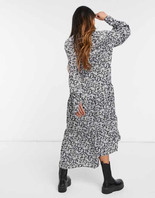 Glamorous midi tiered smock dress with tie neck in vintage floral, 2 of 4