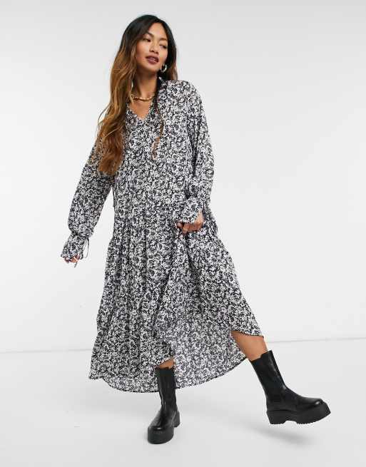 Glamorous midi tiered smock dress with tie neck in vintage floral, 4 of 4