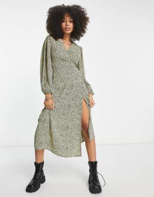 Glamorous Glamorous midi wrap dress in mustard black ditsy-Multi